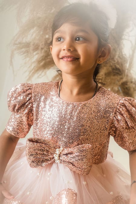 Shop Toplove Gold Net, Kota Doria, Taffeta Sequins, Pearls Bow Layered Dress With Hair Band Online at Aza Fashions Shop_Toplove_Gold Net, Kota Doria, Taffeta Sequins, Pearls Bow Layered Dress With Hair Band _Online_at_Aza_Fashions