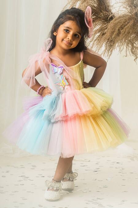 Shop_Toplove_Multi Color Net, Tulle, Taffeta Pearls, Rainbow Dress With Hair Accessory _Online_at_Aza_Fashions