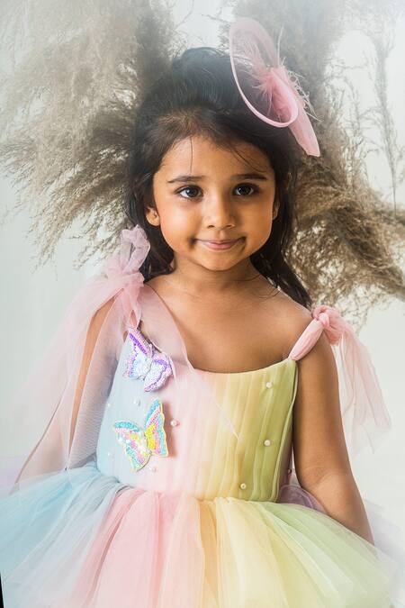 Toplove_Multi Color Net, Tulle, Taffeta Pearls, Rainbow Dress With Hair Accessory _at_Aza_Fashions