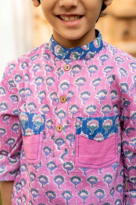 Plumcheeks_Purple Cotton Print Floral Hand Block Kurta And Pant Set_Online_at_Aza_Fashions