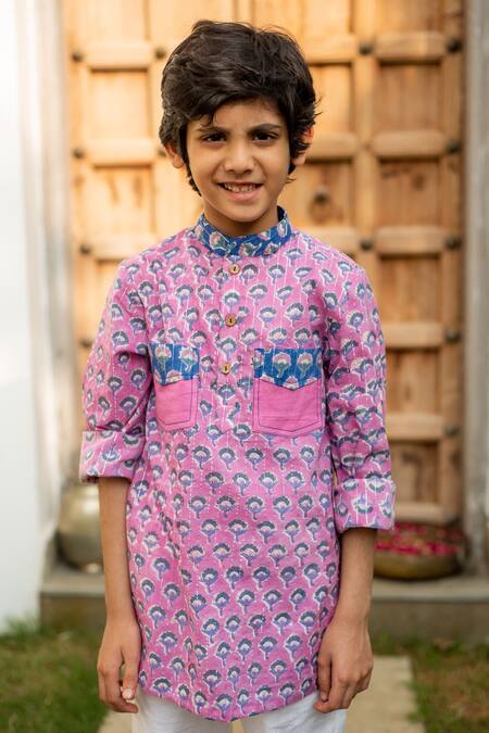 Buy_Plumcheeks_Purple Cotton Print Floral Hand Block Kurta And Pant Set_Online_at_Aza_Fashions