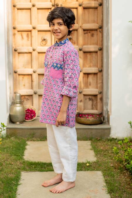 Shop_Plumcheeks_Purple Cotton Print Floral Hand Block Kurta And Pant Set_Online_at_Aza_Fashions