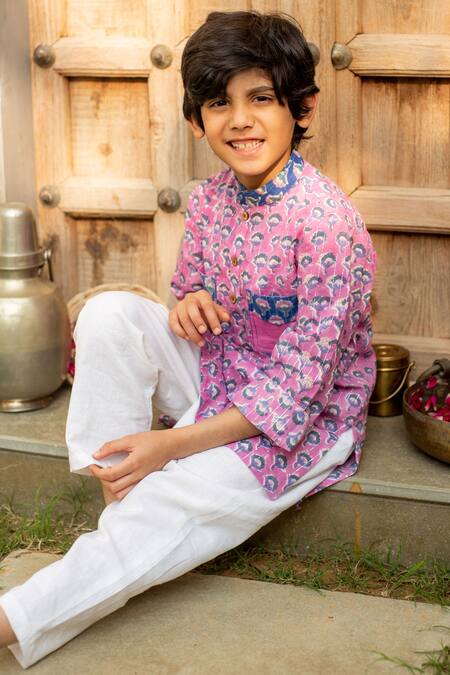 Plumcheeks_Purple Cotton Print Floral Hand Block Kurta And Pant Set_at_Aza_Fashions