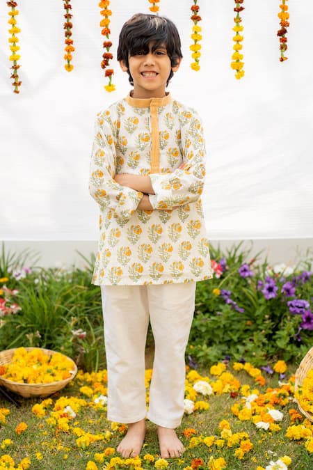 PlumCheeks Yellow Cotton Print Floral Butti Flower Hand Block Kurta With Pant  