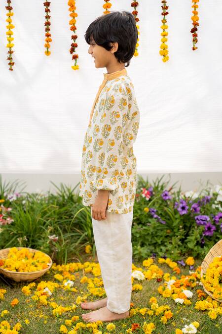 Buy_Plumcheeks_Yellow Cotton Embroidery Flower Butti Hand Block Print Kurta With Pant_Online_at_Aza_Fashions