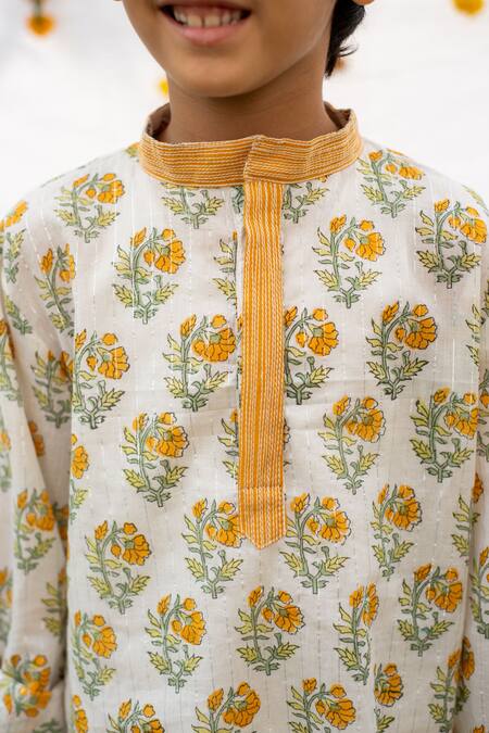 Shop_Plumcheeks_Yellow Cotton Embroidery Flower Butti Hand Block Print Kurta With Pant_Online_at_Aza_Fashions