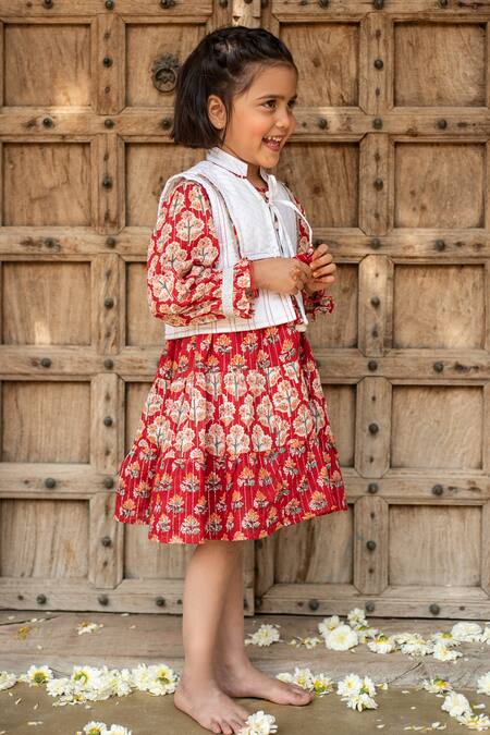 Shop_Plumcheeks_Red Cotton Hand Block Print Floral Dress With Jacket_Online_at_Aza_Fashions