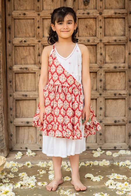 PlumCheeks Red Cotton Hand Block Print Floral Layered Dress  