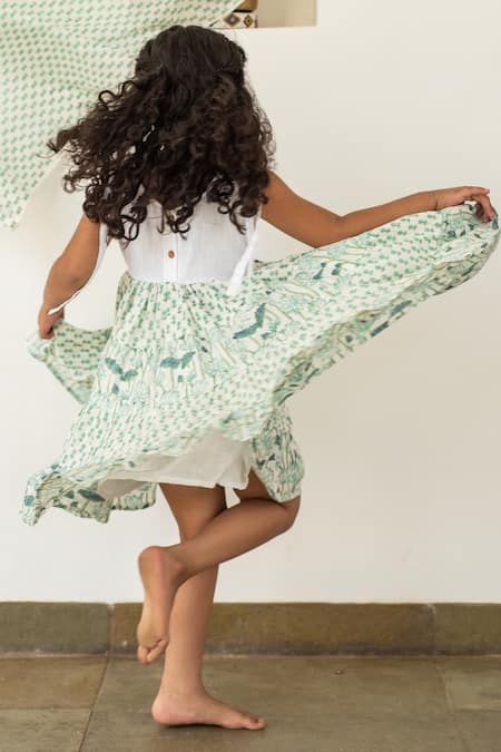 Plumcheeks_Blue Cotton Hand Block Print Lotus Sundress_Online_at_Aza_Fashions