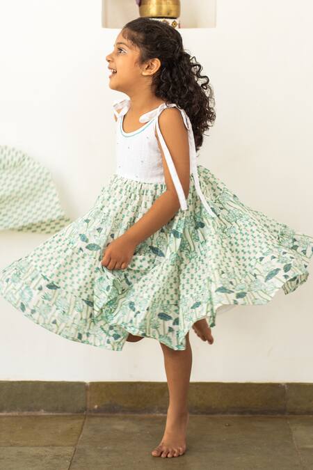 Buy_Plumcheeks_Blue Cotton Hand Block Print Lotus Sundress_Online_at_Aza_Fashions