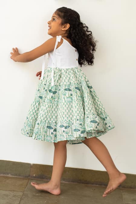 Shop_Plumcheeks_Blue Cotton Hand Block Print Lotus Sundress_Online_at_Aza_Fashions