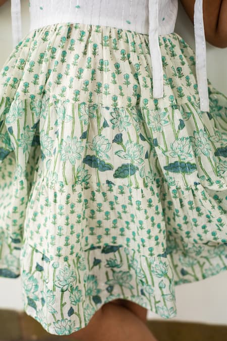 Plumcheeks_Blue Cotton Hand Block Print Lotus Sundress_at_Aza_Fashions