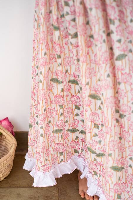 Plumcheeks_Pink Cotton Hand Block Print Lotus Lehenga With Top_Online_at_Aza_Fashions