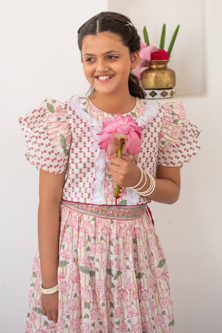 Buy_Plumcheeks_Pink Cotton Hand Block Print Lotus Lehenga With Top_Online_at_Aza_Fashions