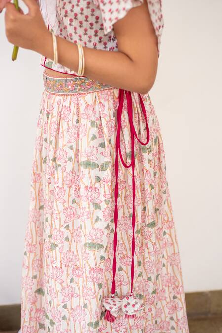Shop_Plumcheeks_Pink Cotton Hand Block Print Lotus Lehenga With Top_Online_at_Aza_Fashions