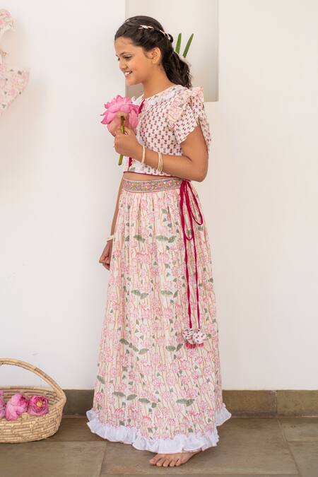 Plumcheeks_Pink Cotton Hand Block Print Lotus Lehenga With Top_at_Aza_Fashions