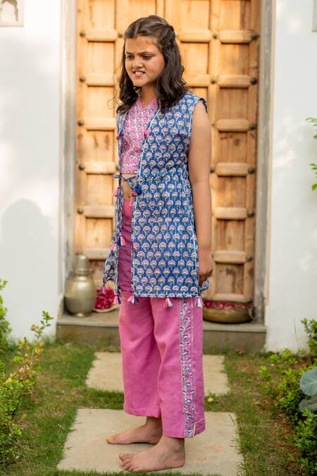 Plumcheeks_Purple Cotton Hand Block Print Floral Jacket Pant Set_Online_at_Aza_Fashions