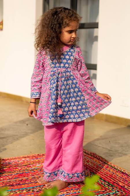 Plumcheeks_Purple Cotton Hand Block Print Orchid Kurta With Pant_Online_at_Aza_Fashions