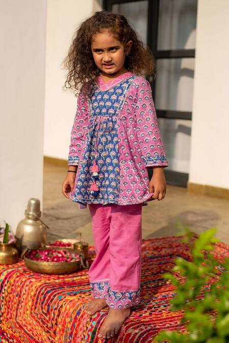 Buy_Plumcheeks_Purple Cotton Hand Block Print Orchid Kurta With Pant_Online_at_Aza_Fashions