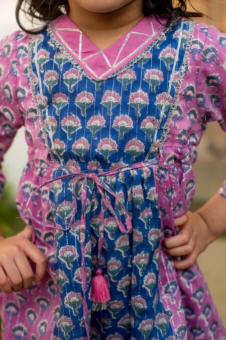 Plumcheeks_Purple Cotton Hand Block Print Orchid Kurta With Pant_at_Aza_Fashions