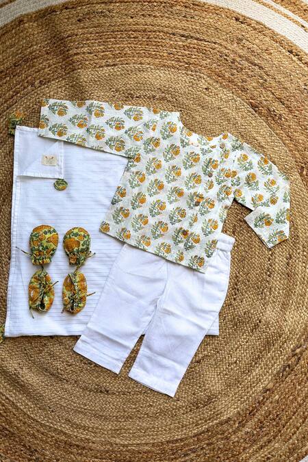 Shop Plumcheeks Yellow Cotton Hand Block Print Marigold Kurta Set With Accessories Online at Aza Fashions Shop_Plumcheeks_Yellow Cotton Hand Block Print Marigold Kurta Set With Accessories_Online_at_Aza_Fashions