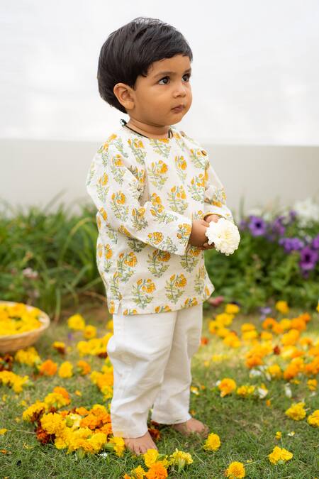 Shop_Plumcheeks_Yellow Cotton Hand Block Print Marigold Kurta Set With Accessories