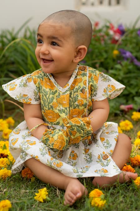 PlumCheeks Yellow Cotton Hand Block Print Marigold Kurta Bloomers Jamna Set  