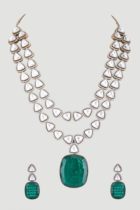 Auraa Trends_Blue Zari, Diamonds Zircons Embellished Necklace Set _Online_at_Aza_Fashions