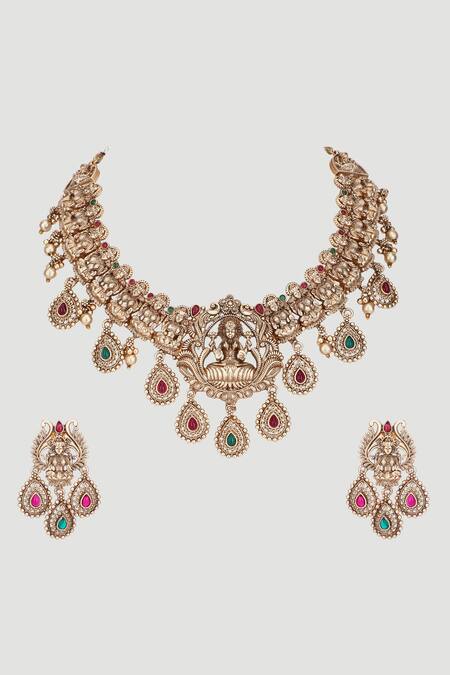 Auraa Trends_Red Stones Teardrops And Embellished Necklace Set _Online_at_Aza_Fashions
