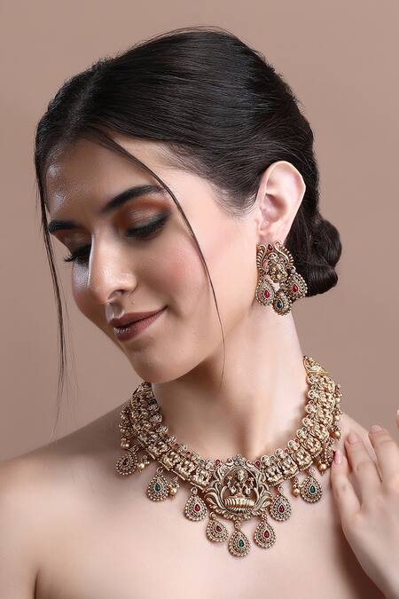 Shop_Auraa Trends_Red Stones Teardrops And Embellished Necklace Set 