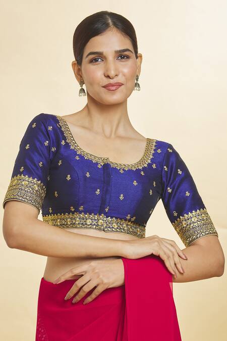 Buy_Samyukta Singhania_Blue Silk Embroidery Scoop Neck Flower Blouse_Online_at_Aza_Fashions