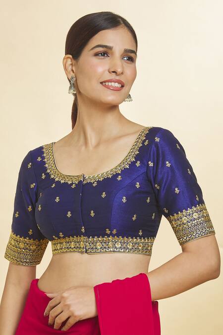 Shop_Samyukta Singhania_Blue Silk Embroidery Scoop Neck Flower Blouse_Online_at_Aza_Fashions
