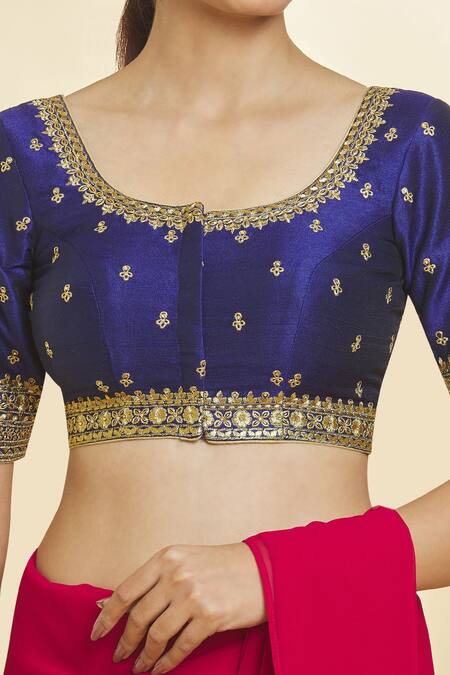 Samyukta Singhania_Blue Silk Embroidery Scoop Neck Flower Blouse_at_Aza_Fashions