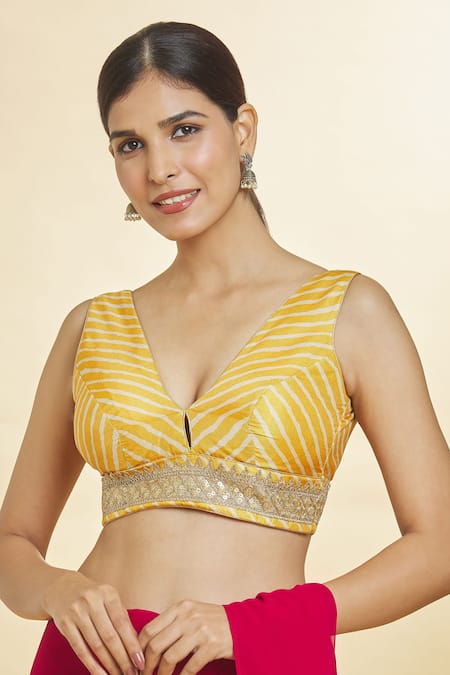 Samyukta Singhania Yellow Polyester, Silk Sequins Plunge Neck Leheriya Pattern Sleeveless Blouse Online at Aza Fashions Samyukta Singhania_Yellow Polyester, Silk Sequins Plunge Neck Leheriya Pattern Sleeveless Blouse _Online_at_Aza_Fashions