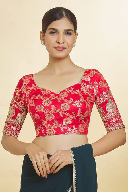 Samyukta Singhania Red Jacquard Embroidery V-neck Botanical Pattern V Blouse