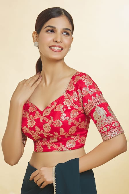 Nazaakat by Samara Singh - Red Jacquard Woven Botanic V Neck Pattern Blouse  For Women