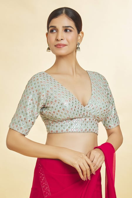 Samyukta Singhania_Green Silk Sequins Plunge Neck Geometric Pattern V Blouse _Online_at_Aza_Fashions