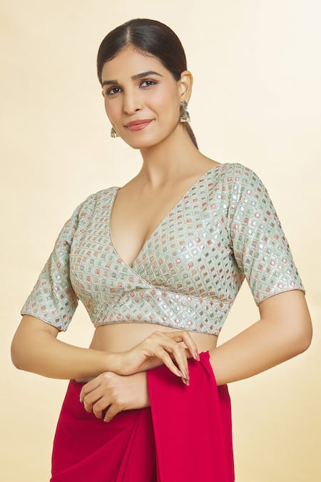 Shop_Samyukta Singhania_Green Silk Sequins Plunge Neck Geometric Pattern V Blouse _Online_at_Aza_Fashions