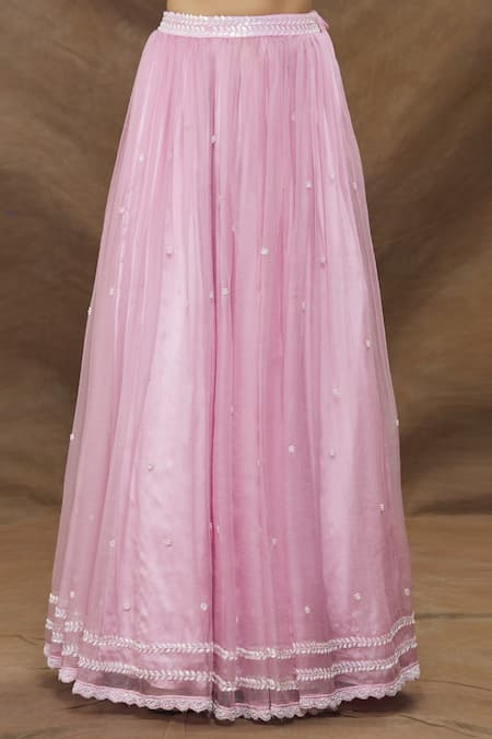 Kanj by Priyanka A Sakhuja_Pink Silk Organza Embroidery Cut Dana Plunge V Lehenga Set _at_Aza_Fashions
