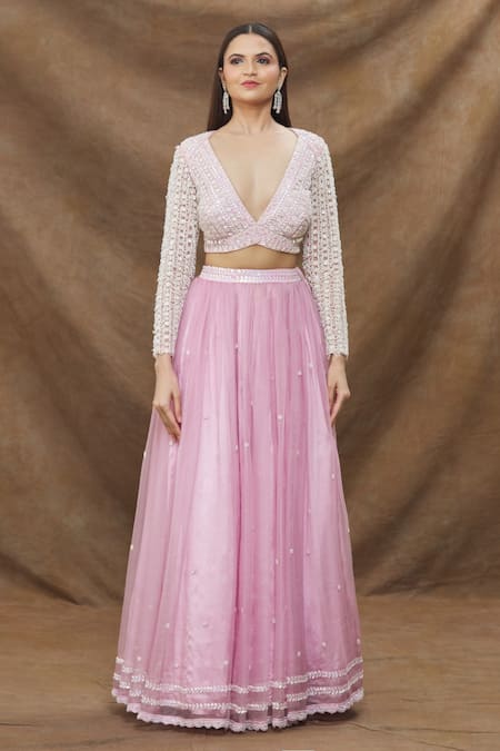 Kanj by Priyanka A Sakhuja_Pink Silk Organza Embroidery Cut Dana Plunge V Lehenga Set _Online_at_Aza_Fashions