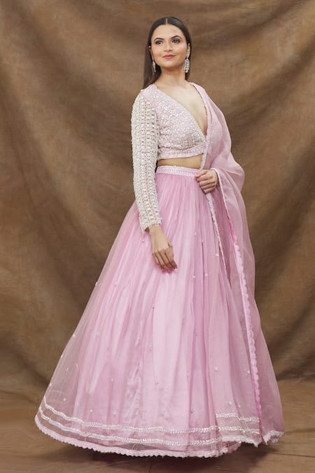 Shop_Kanj by Priyanka A Sakhuja_Pink Silk Organza Embroidery Cut Dana Plunge V Lehenga Set _Online_at_Aza_Fashions