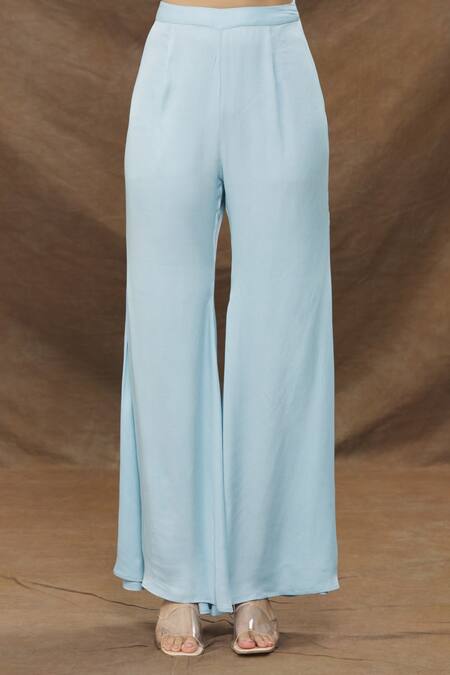 Kanj By Priyanka A Sakhuja_Blue Silk Satin Embroidery Sweetheart Sheer Sleeved Cape Bell Bottoms Pant Set _at_Aza_Fashions