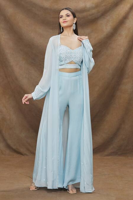 Buy_Kanj By Priyanka A Sakhuja_Blue Silk Satin Embroidery Sweetheart Sheer Sleeved Cape Bell Bottoms Pant Set _Online_at_Aza_Fashions