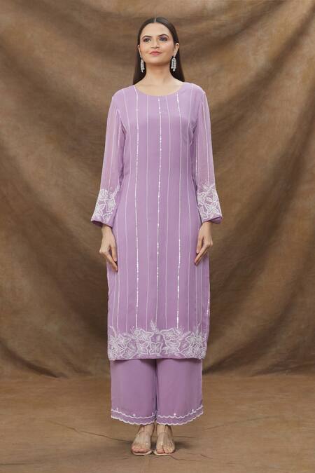 Kanj By Priyanka A Sakhuja Purple Georgette, Chiffon Embroidery Round Neck Floral Linear Kurta Palazzo Set Online at Aza Fashions Kanj By Priyanka A Sakhuja_Purple Georgette, Chiffon Embroidery Round Neck Floral Linear Kurta Palazzo Set _Online_at_Aza_Fashions