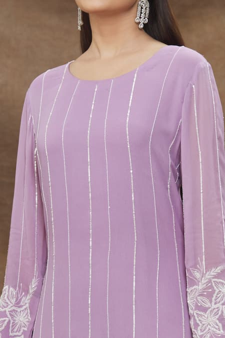 Buy Kanj By Priyanka A Sakhuja Purple Georgette, Chiffon Embroidery Round Neck Floral Linear Kurta Palazzo Set Online at Aza Fashions Buy_Kanj By Priyanka A Sakhuja_Purple Georgette, Chiffon Embroidery Round Neck Floral Linear Kurta Palazzo Set _Online_at_Aza_Fashions