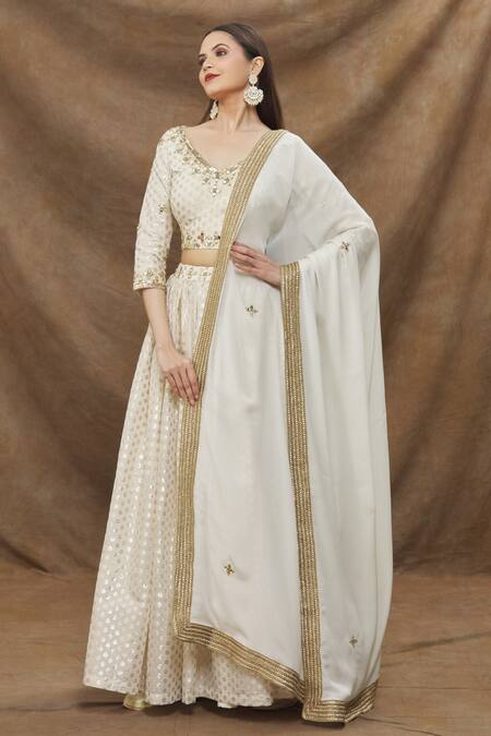 Buy_Kanj By Priyanka A Sakhuja_Off White Georgette, Chiffon Mirrors V-neck Floral Pattern Lehenga Set _Online_at_Aza_Fashions