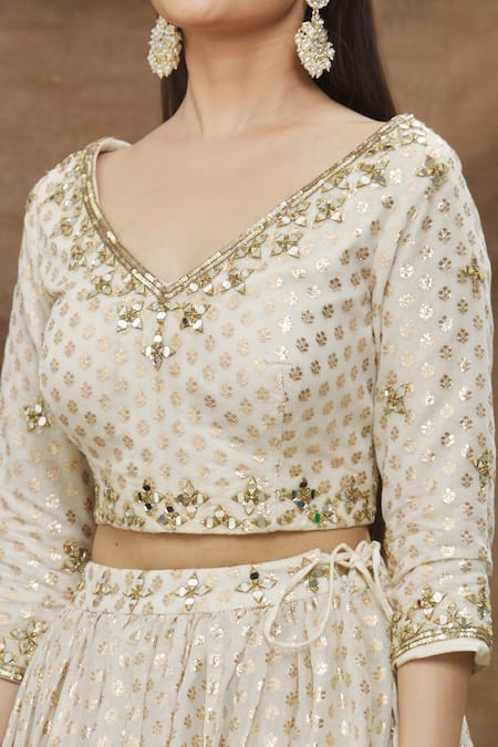 Shop_Kanj By Priyanka A Sakhuja_Off White Georgette, Chiffon Mirrors V-neck Floral Pattern Lehenga Set _Online_at_Aza_Fashions