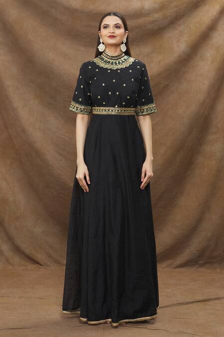Kanj By Priyanka A Sakhuja_Black Silk, Chanderi Cut Work, Embroidery Collared Bodice Gown _Online_at_Aza_Fashions