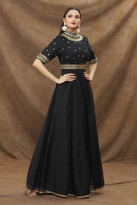 Buy_Kanj By Priyanka A Sakhuja_Black Silk, Chanderi Cut Work, Embroidery Collared Bodice Gown _Online_at_Aza_Fashions