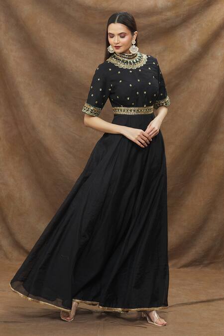 Shop_Kanj By Priyanka A Sakhuja_Black Silk, Chanderi Cut Work, Embroidery Collared Bodice Gown _Online_at_Aza_Fashions